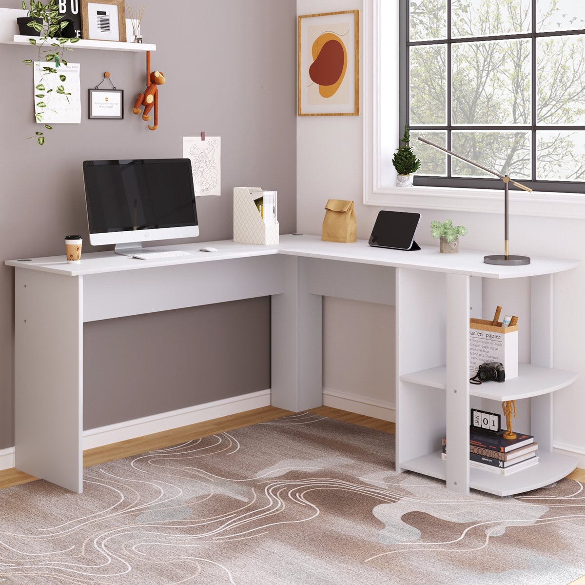 Wishdor L-vormig hoekbureau - Wit bureau met open opbergrek rechts - MDF blad met 2 kabelgaten - Voor thuiswerk en kantoor, meerdere monitoren - 140 x 140 x 75 cm