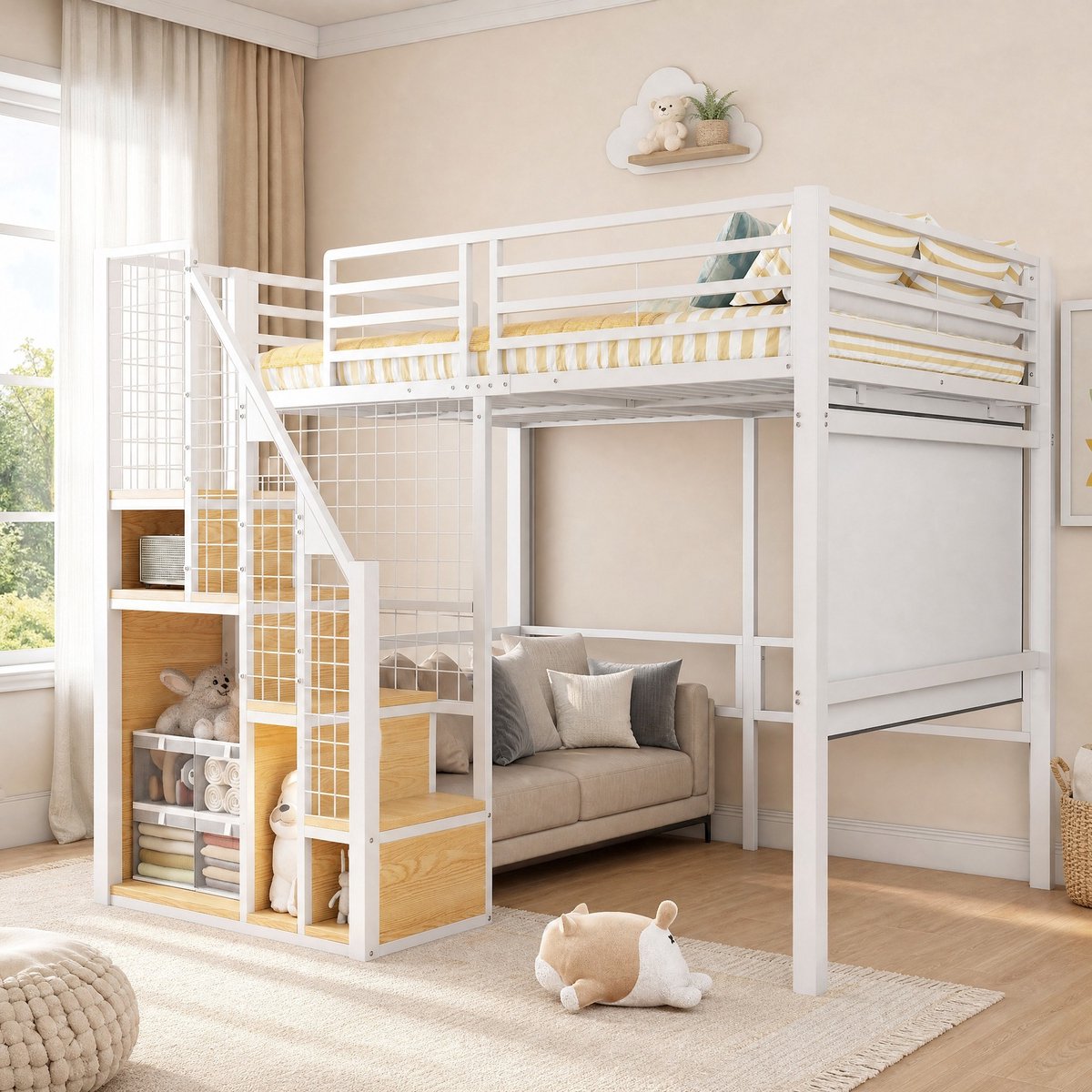 Wishdor Hoogslaper 140 x 200 cm - Veiligheidsladder en opbergruimte - Hoog bed met beschermrand - Modern design - Kinderkamer - MDF en metaal - Wit - 208,5 x 196,2 x 168,5 cm