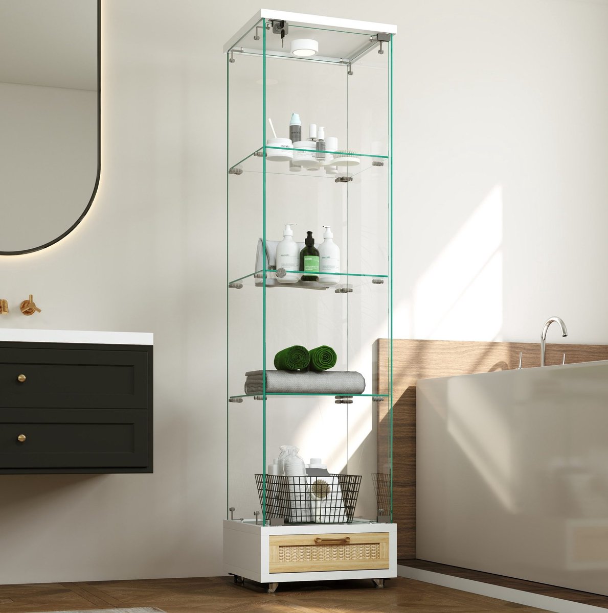 Wishdor Vitrinekast - Met laden en LED-verlichting - Gehard glas en vier planken - Modern design - Woonkamer slaapkamer keuken - Wit - 42,5 x 36,5 x 167,5 cm