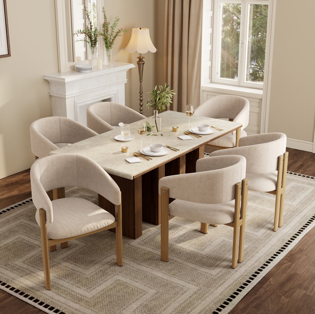 STILVORA Eetkamerstoel Set Van 6 Met Armleuningen - Comfortabele Kuipstoel Met Linnen Zitting En Metaal Houtlook - Modern Voor Eetkamer En Woonkamer - Beige