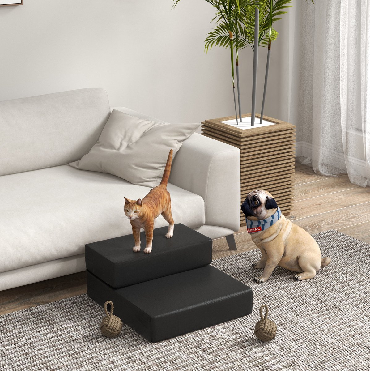 REDOM - Huisdiertrap - Opvouwbaar met 2 treden - Als trap of onderlegger te gebruiken - Afneembare hoes - Voor katten en honden - PU-leer en schuim - Zwart - 45 x 39 x 20 cm