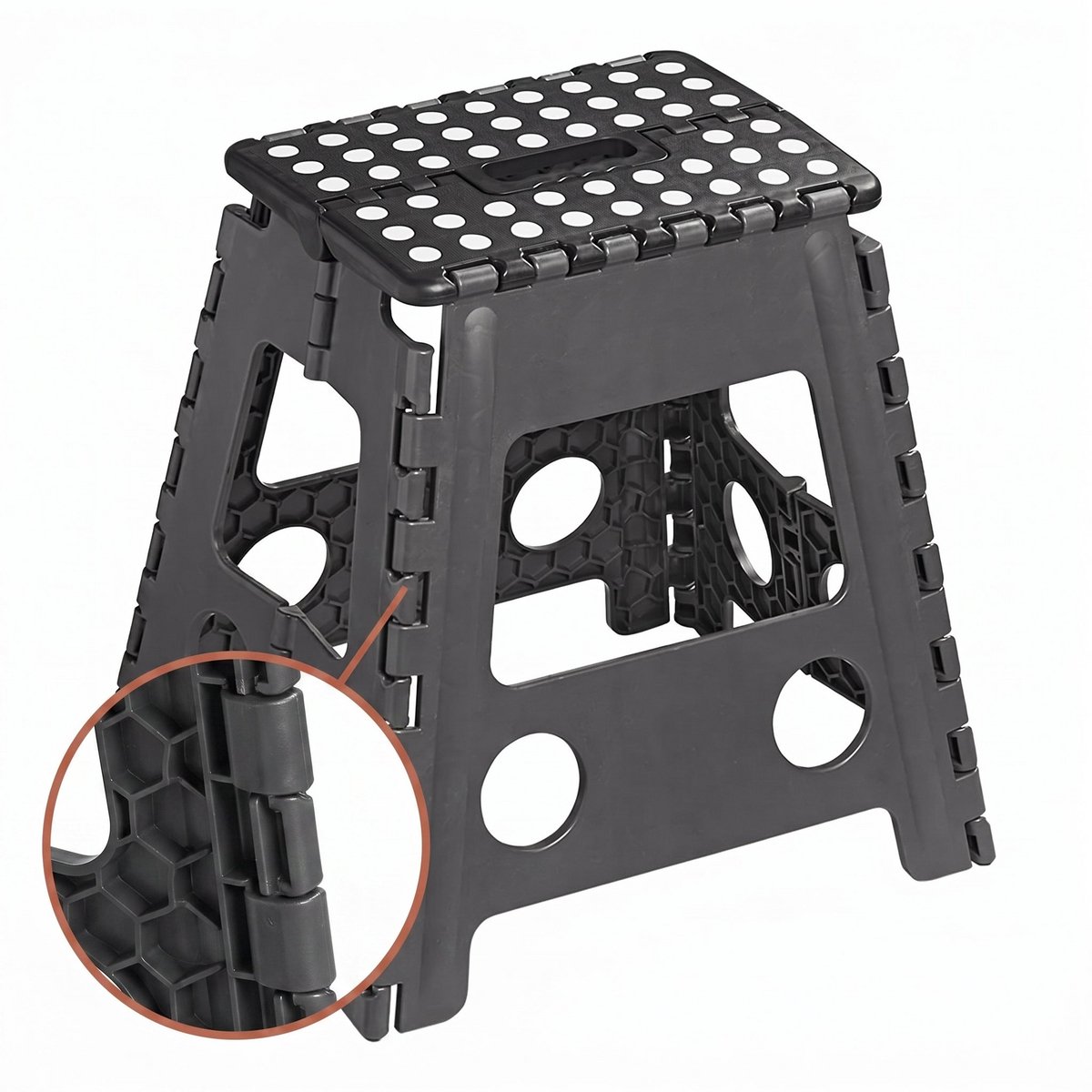 Cheqo® Opvouwbaar Krukje - Inklapbaar Krukje - Opstapkruk - Opstapje - Vouwkruk - Keukentrapje - Campingkruk voor Caravan en Camper - Badkamerkruk - Huishoudkrukje - Zwart - Antislip Kunststof Kruk met Handgreep - Opstapkrukje - Trapkrukje