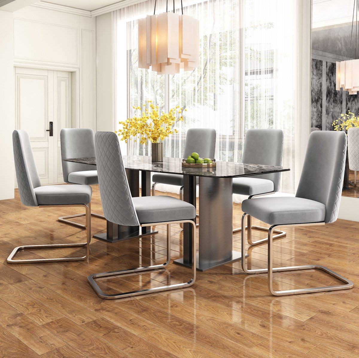 STILVORA Eetkamerstoel – Luxe Velvet Design – Set Van 6 – Comfortabel Met Ruitstiksel En Metalen Onderstel – Voor Eetkamer En Woonkamer – Grijs