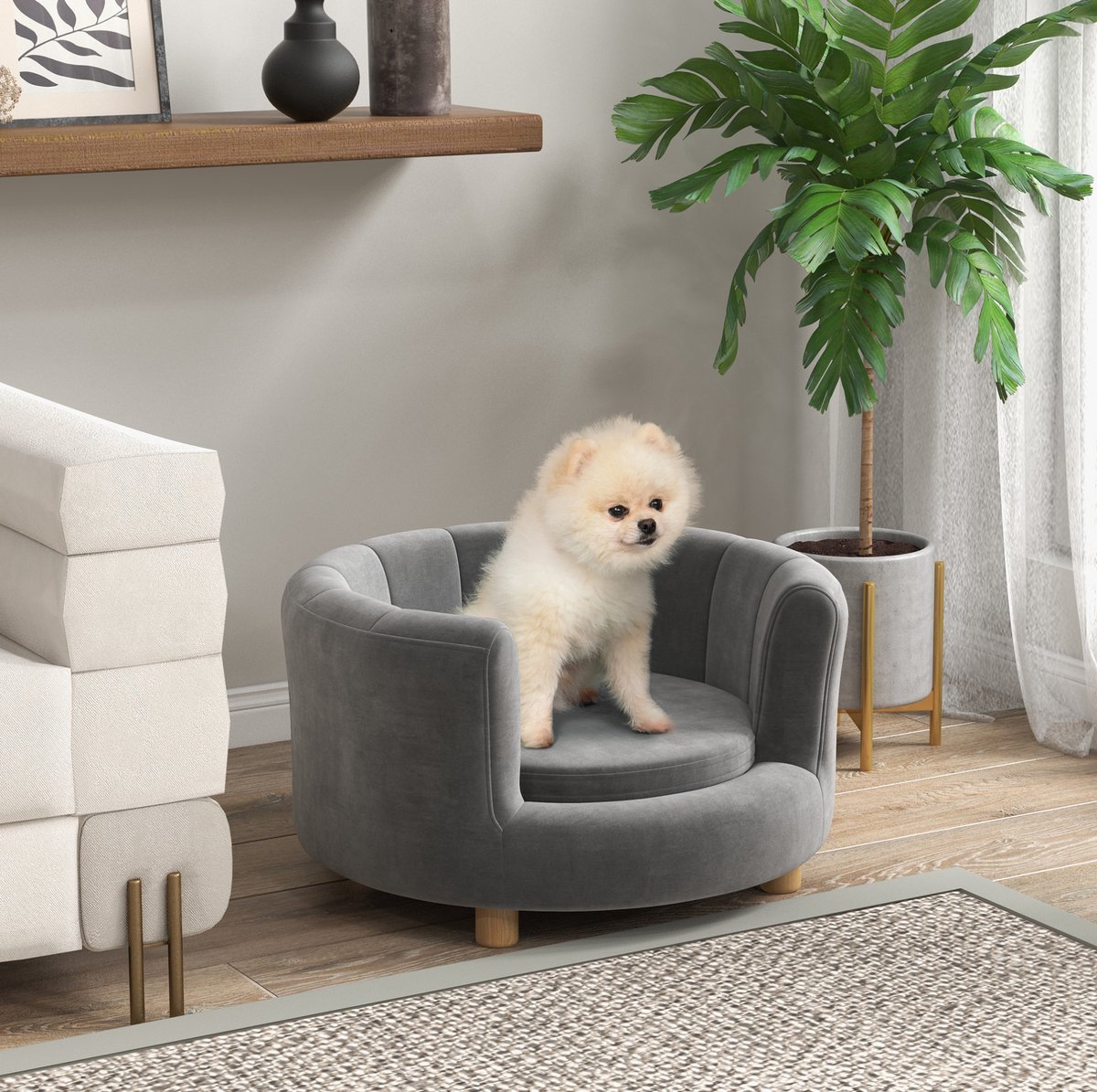 REDOM - Dierenbank met rugleuning - Wasbare hoes - 28D schuimkussen - Houten poten - Voor katten en kleine honden - Polyester - Grijs - 65 x 64 x 37 cm