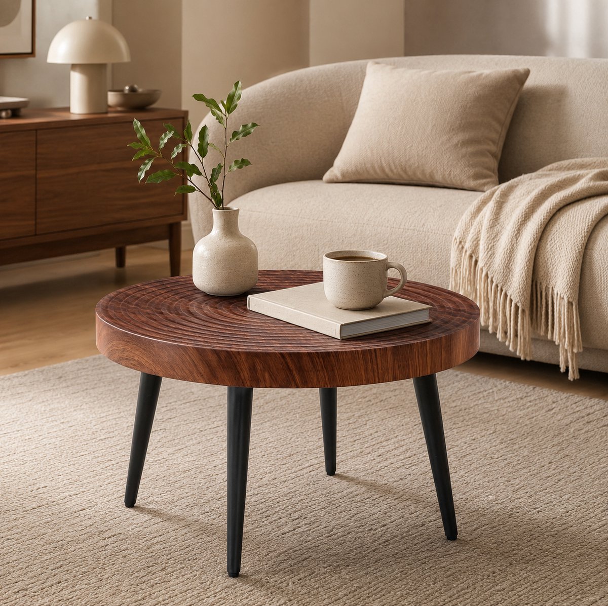 FloraGrace Salontafel - Ronde Koffietafel Met Houtnerf - Voor Kleine Woonkamer En Appartement - MDF En Metaal - 60x60x37 Cm - Walnoot