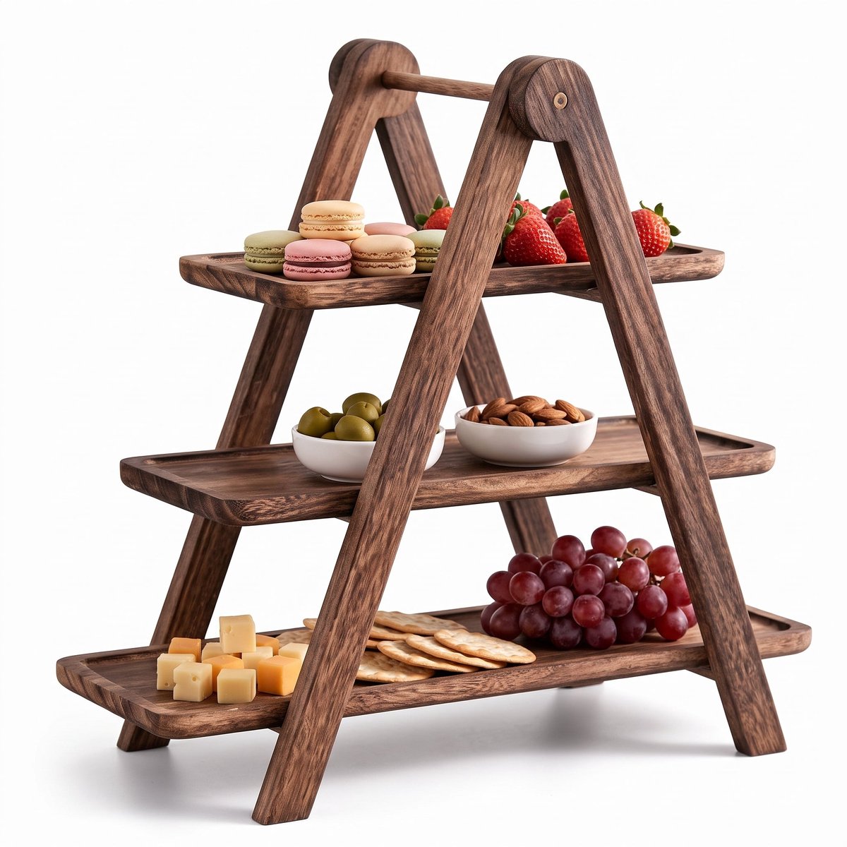 Cheqo® Etagere 3 Laags - Hout - Serveertoren - Serveerschaal - Serveerplank - Hapjesschaal - Fruitschaal - Serveerplateau - High Tea - Borrelplank - Tapasplank - Taartstandaard - Cupcake Standaard - Inklapbaar - Dienblad - Kaasplank