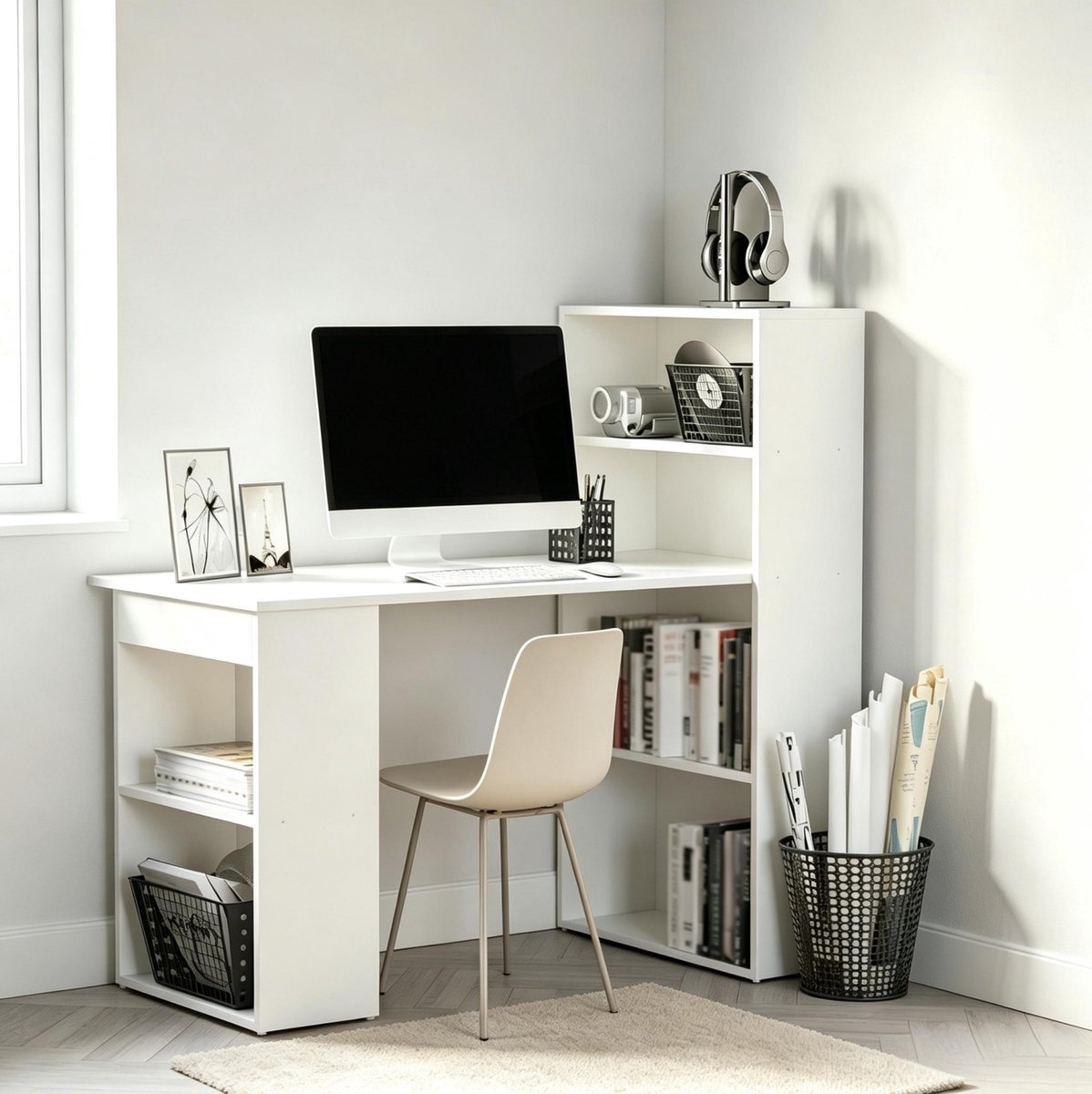 FloraGrace Bureau Met Boekenrek - Modern Open Ontwerp Met Opbergruimte - Voor Thuis En Kantoor - Spaanplaat - Wit - 120x55x120 Cm