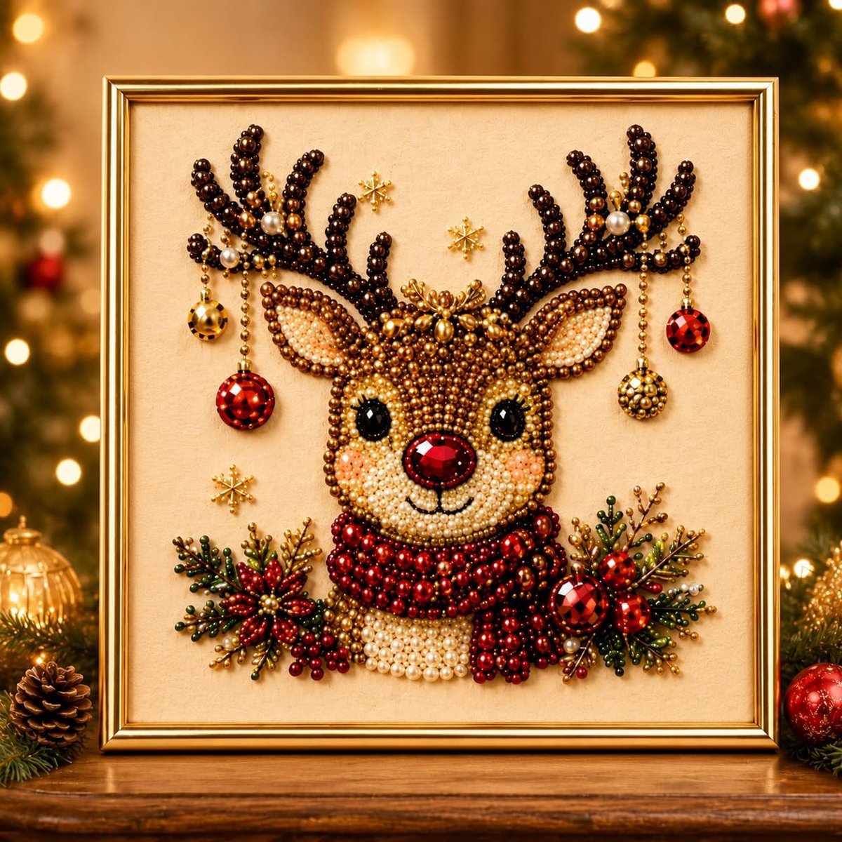 DIY Kerst-parel-diamondpaintingpakket – Inclusief lijst – Schattig 3D-kerstknutselproject met parels voor volwassenen en beginners – Feestelijke kerstwanddecoratie – Ontspannend en stressverlagend – Rendier