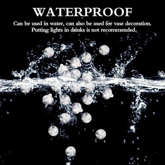 Waterdichte ronde LED-lampjes in een spetters water. Tekst: 'WATERPROOF Can be used in water, can also be used for vase decoration.'