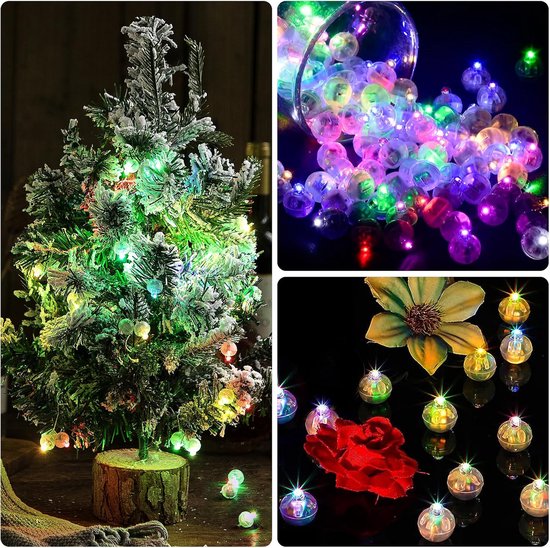 Collage met een kleine kerstboom versierd met veelkleurige LED-lampjes, een glas gevuld met de lampjes en losse lampjes rond een rode roos.