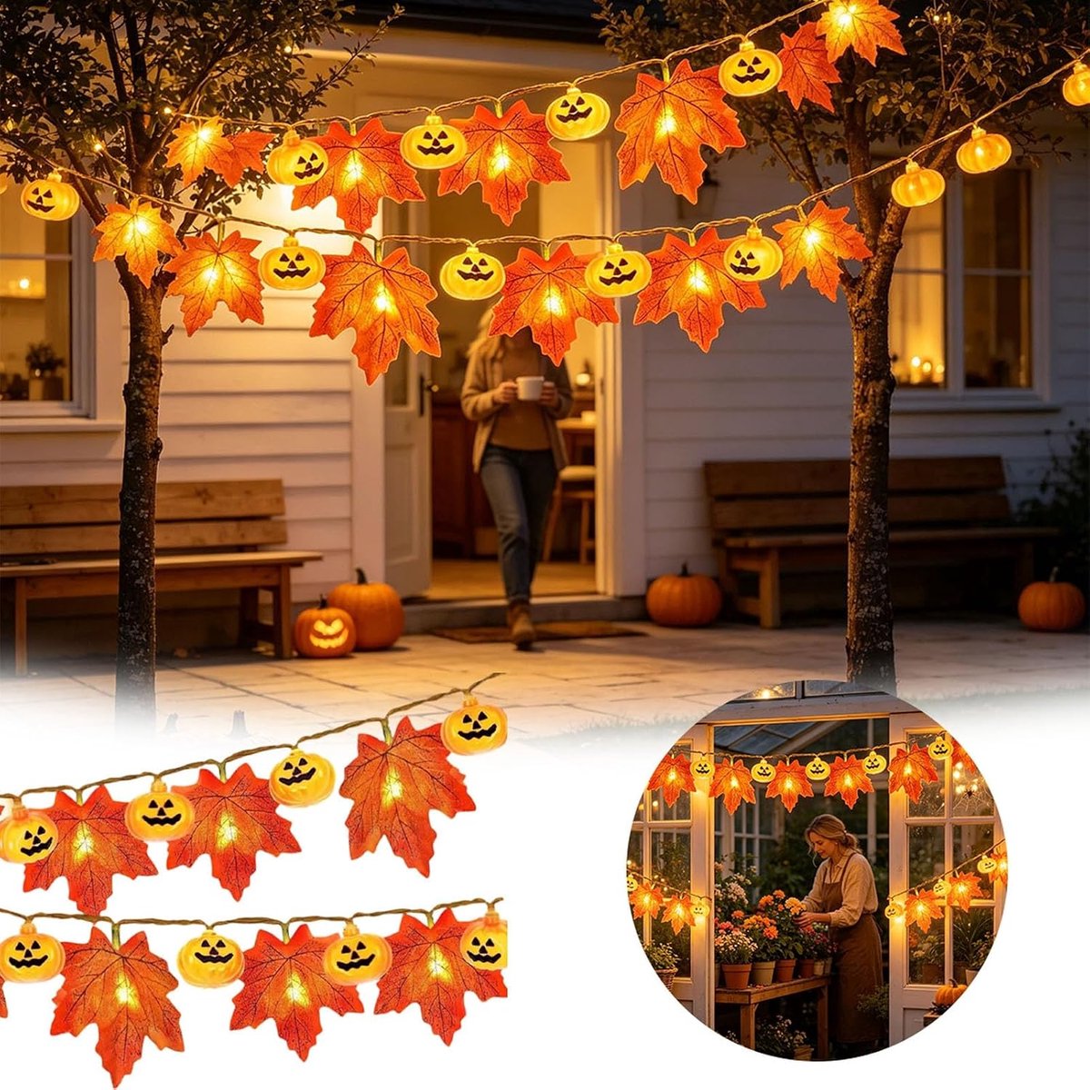 Daity Halloween pompoen lichtslinger - Esdoornblad warm licht, werkt op batterijen - Geschikt voor binnen- en buitenfeestjes, trappen en terrasdecoratie in herfststijl (Oranje, 3 m)