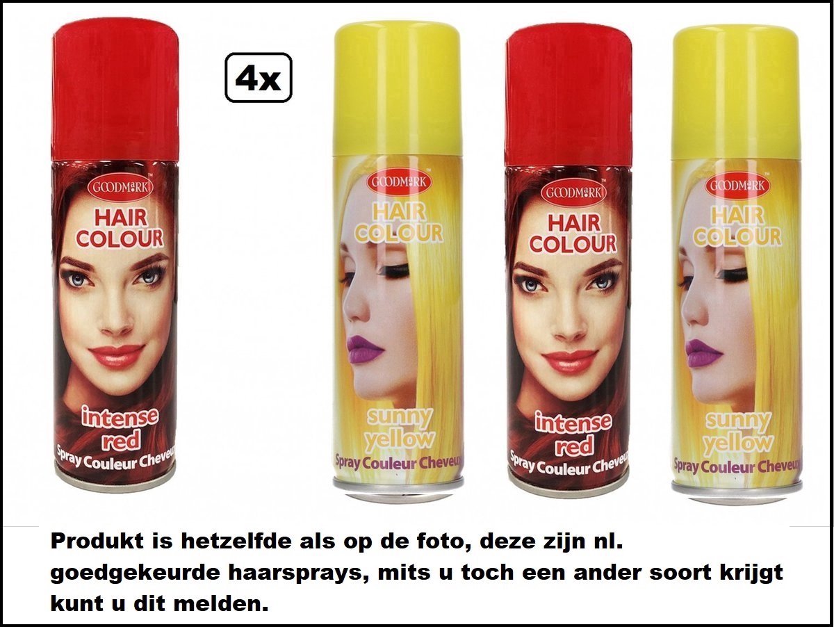 4x Haarverf/haarspray rood/geel 125 ml - Intense red/ sunny yellow - Word bezorgd in doos ivm beschadeging - Festival thema feest carnaval haar kleurspray party