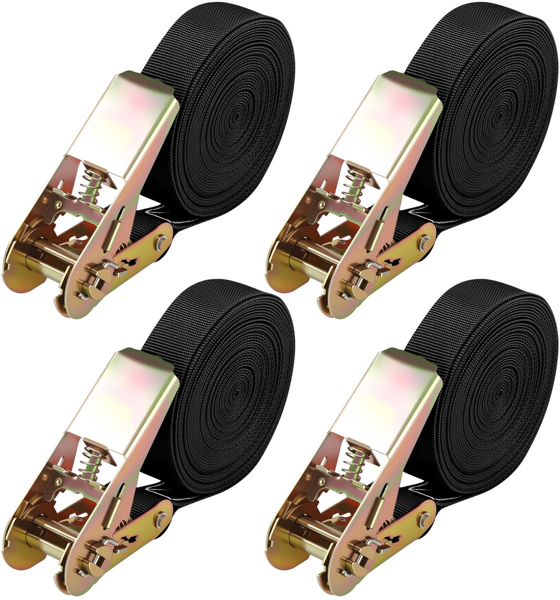 Famanu – Set van 4 spanbanden, 6 m x 25 mm, zwart, met ratel, draagkracht van 1000 kg, verstelbare spanbanden voor eenvoudig vastzetten van lading