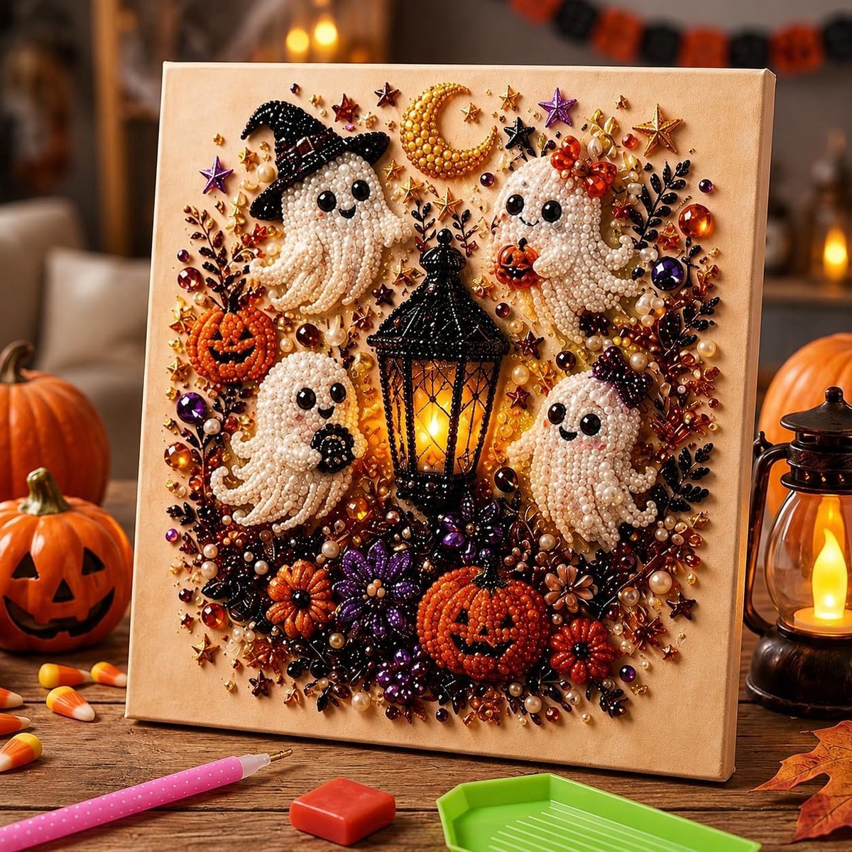 DIY Halloween-parel-diamondpaintingpakket (Zonder lijst) – Schattig 3D-knutselproject met parels in kerstthema voor volwassenen en beginners – Feestelijke wanddecoratie – Ontspannend en stressverlagend – Ontwerp met spook