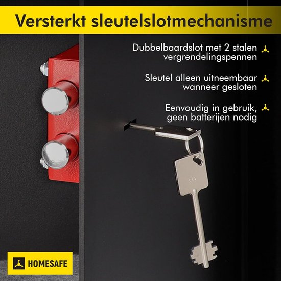 Een HOMESAFE kluis met een versterkt sleutelslotmechanisme en 2 stalen vergrendelingspennen.