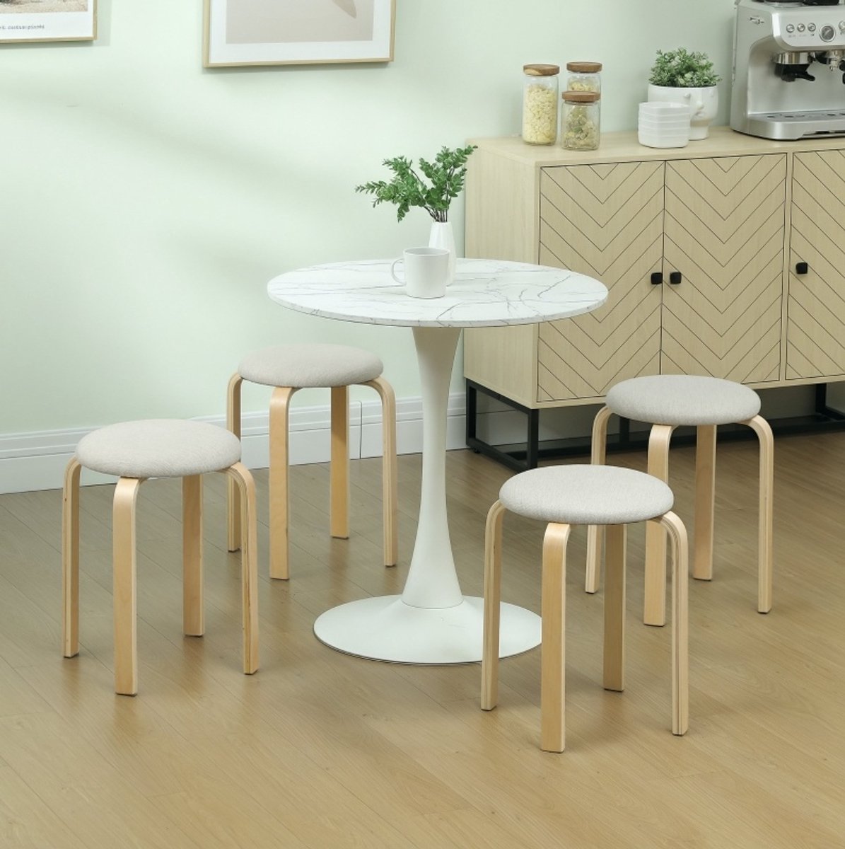 STILVORA Hocker 4er Set 40 X 40 X 45 Cm Stapelbaar Rond Met Leinenlook Comfortabel Voor Eetkamer Woonkamer En Keuken Hout Cremewit