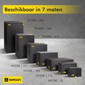 Zes zwarte HOMESAFE kluizen in verschillende maten, van groot tot klein, met labels van de modellen en inhoud in liters.
