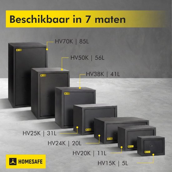 Zes zwarte HOMESAFE kluizen in verschillende maten, van groot tot klein, met labels van de modellen en inhoud in liters.