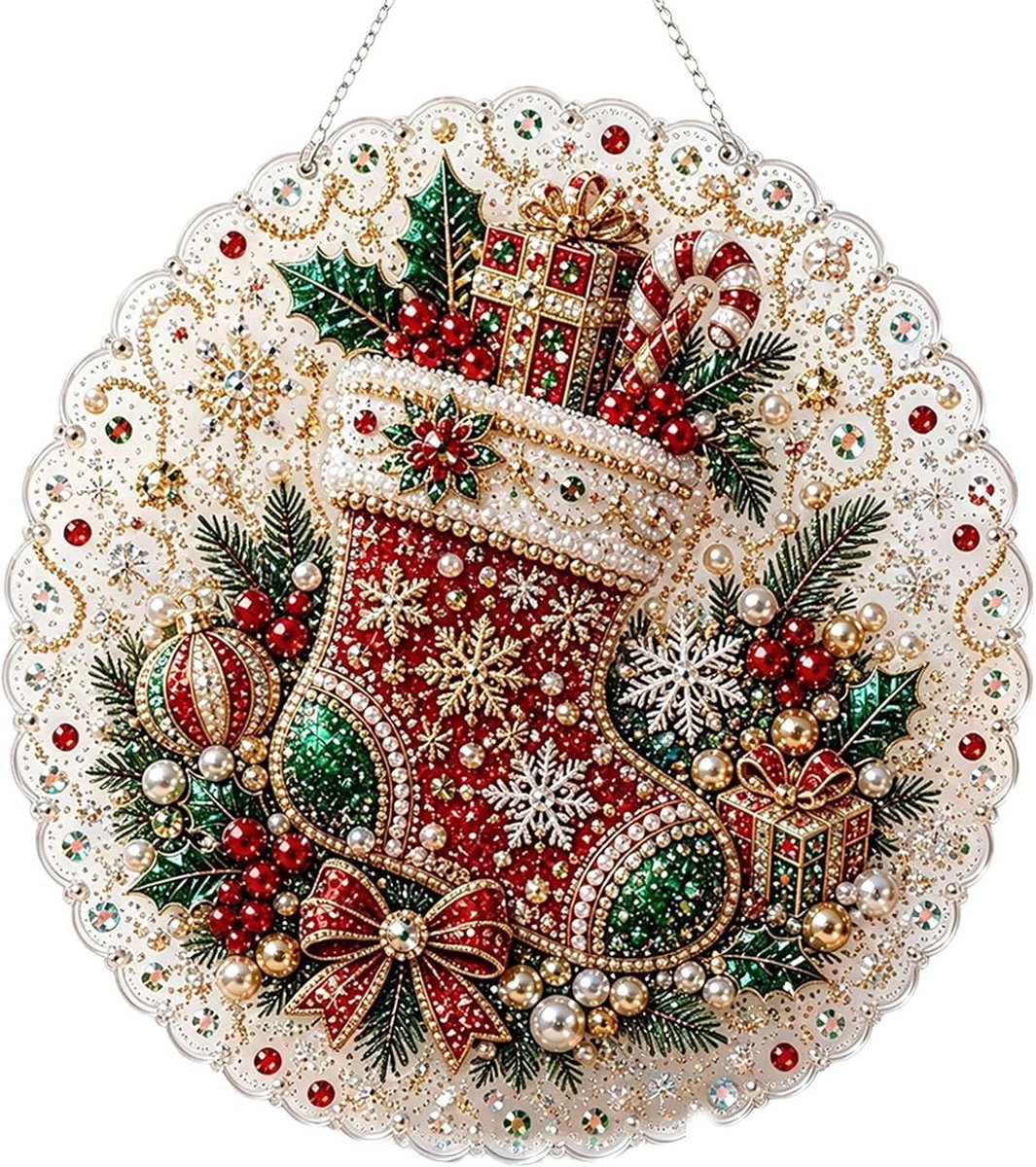 Casalora® Diamond Painting Kersthanger – 5D Acryl Kerstdecoratie – Kerstsok – Enkelzijdige DIY Set met Parels en Diamantjes – Kerstboom Hanger – 25 × 25 cm