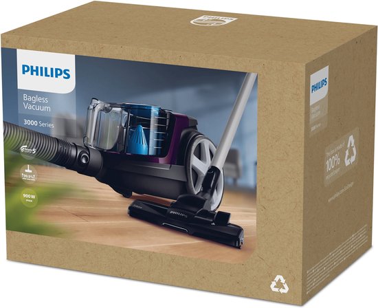 Boîte de l'aspirateur Philips 3000 series PowerPro Compact, avec image de l'aspirateur violet.