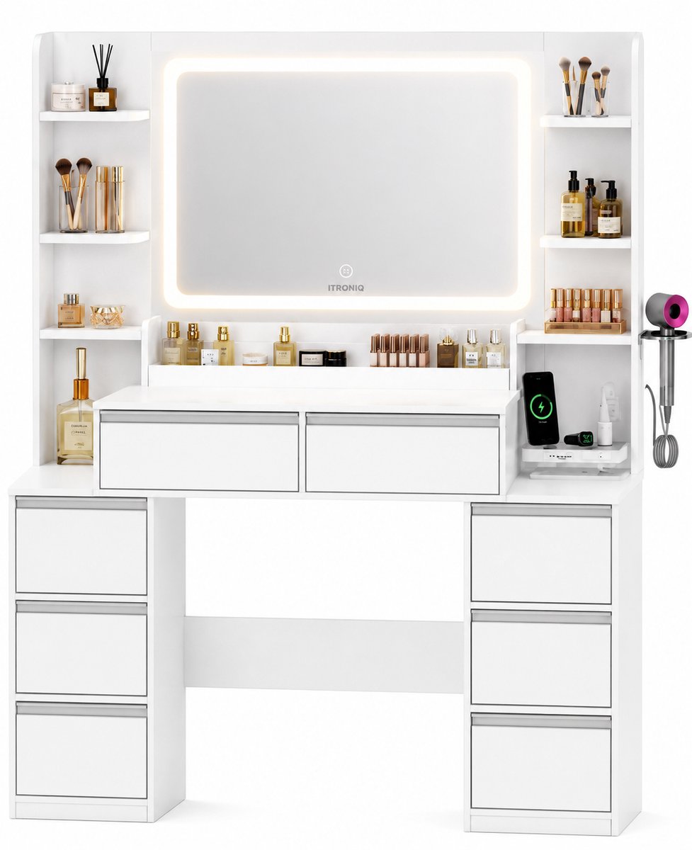 ITRONIQ Make-Up Tafel Met Spiegel en Led Verlichting - 8 Lades - Kaptafel Met Licht - 40x135x145 CM - Modern Slaapkamer Wit