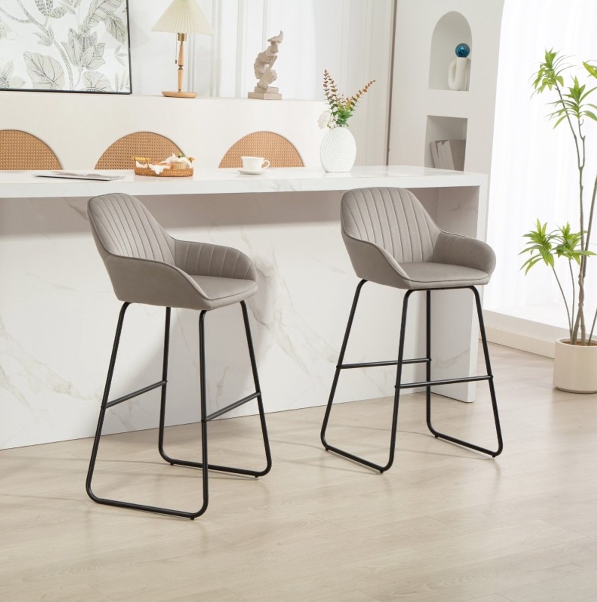 STILVORA Barstoel Set van 2 96 cm Hoog Met Stoffen Bekleding Schuimvulling Armleuningen En Voetsteun Voor Keuken En Bar Grijs