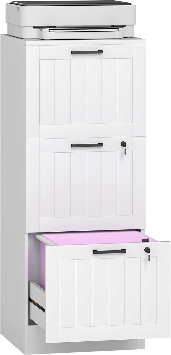 Caisson bureau - met 3 lades - afsluitbaar - wit - met verstelbare hangstang voor documenten - compacte opbergkast voor op kantoor of in de slaapkamer