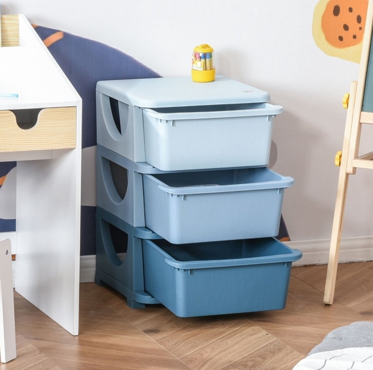 REDOM - Kinder ladekast - 3 uitneembare lades - afgeronde hoeken - zitvlak voor rusten en spelen - kunststof - Blauw - 37 x 37 x 56,5 cm