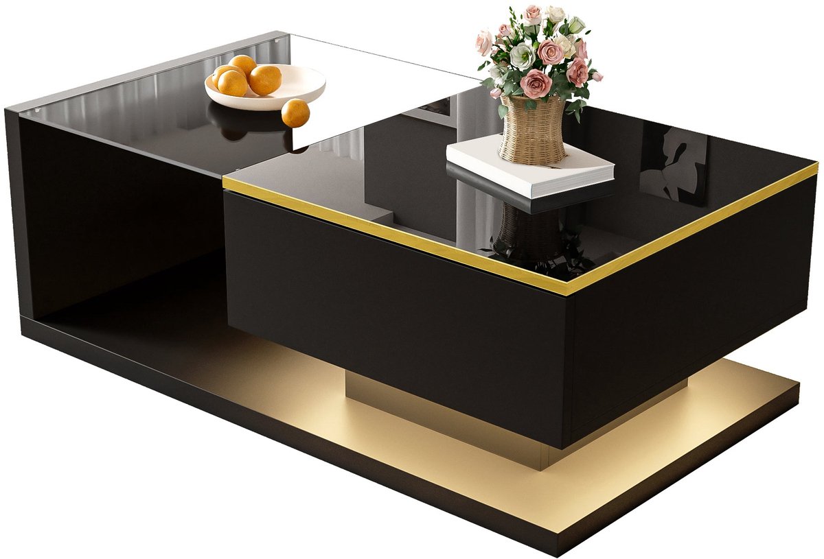 Merax Salontafel met LED-verlichting en Gehard Glas – Hoogglans Zwart – Met Opbergruimte – 90 x 50 x 32,5 cm