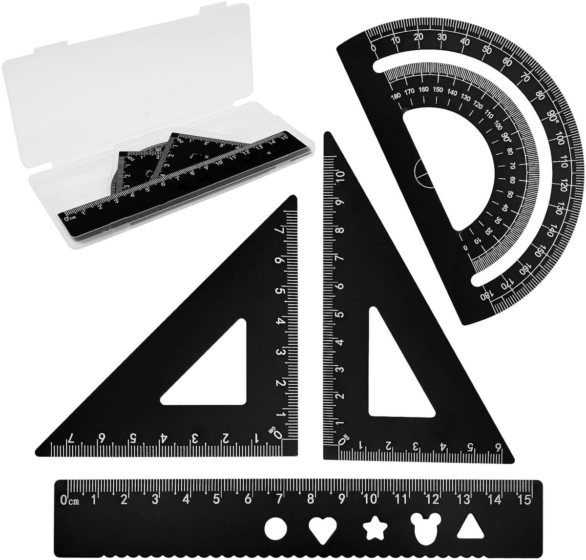 Set van 4 Aluminium Geometrische Linialen en Hoekmeter voor Wiskunde en Technisch Tekenwerk, Ideaal voor Studenten en Ingenieurs