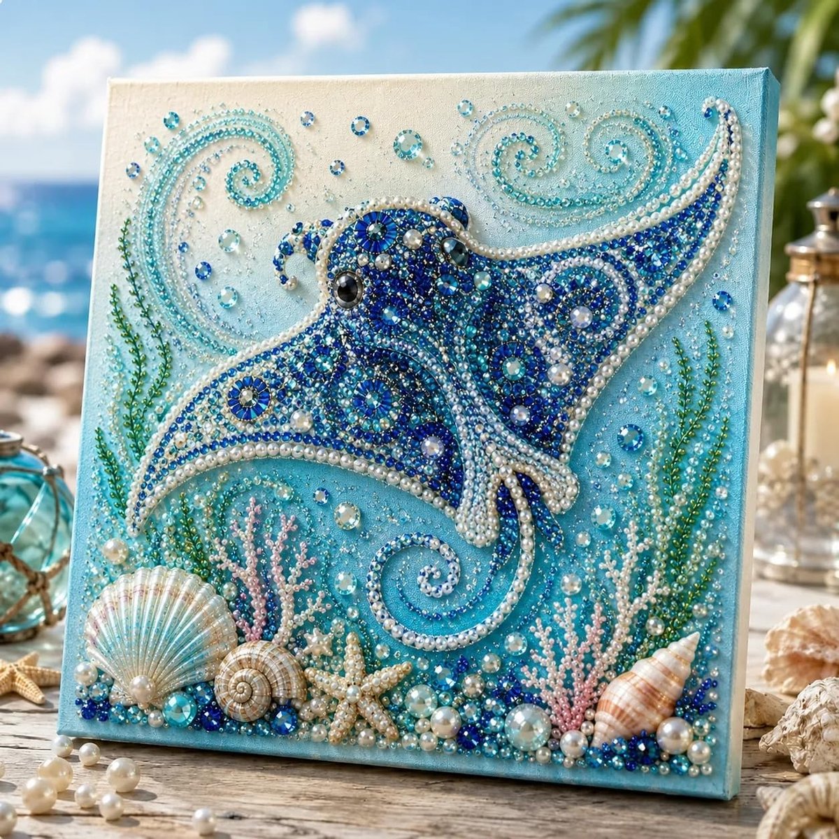 Casalora® 3D Diamant Schilderij DIY Kit Oceaan Parel – Diamond Painting Set met Lijst – Creatieve Hobby voor Volwassenen & Beginners – Wanddecoratie Cadeau – 20 x 20 cm