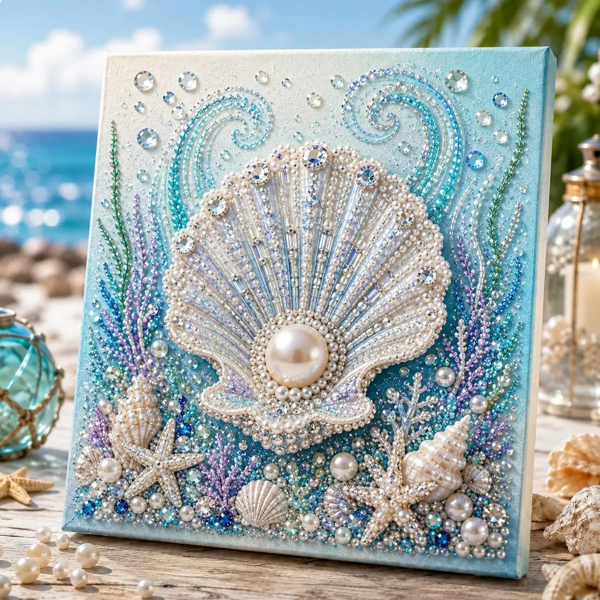 Casalora® 3D Diamant Schilderij DIY Kit Oceaan Parel – Diamond Painting Set met Lijst – Creatieve Hobby voor Volwassenen & Beginners – Wanddecoratie Cadeau – 20 x 20 cm