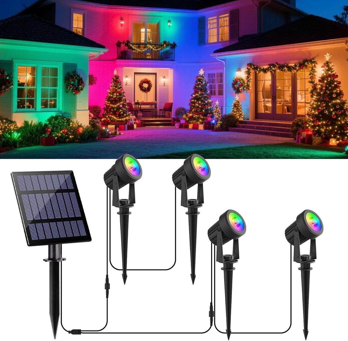6 in 1 RGB Buiten Spotlicht, Waterdichte Solar Lamp met 2 Modi voor Tuin, Oprit en Terras, Perfect voor Buitenverlichting en Decoratie