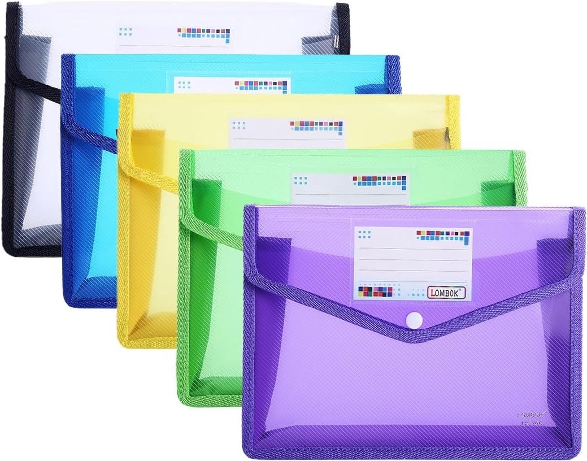 Set van 5 Doorzichtige Documentmappen A5, Verzamelmappen met Drukknop, Ideaal voor Bestanden, Papier en Huiswerk in 5 Kleuren