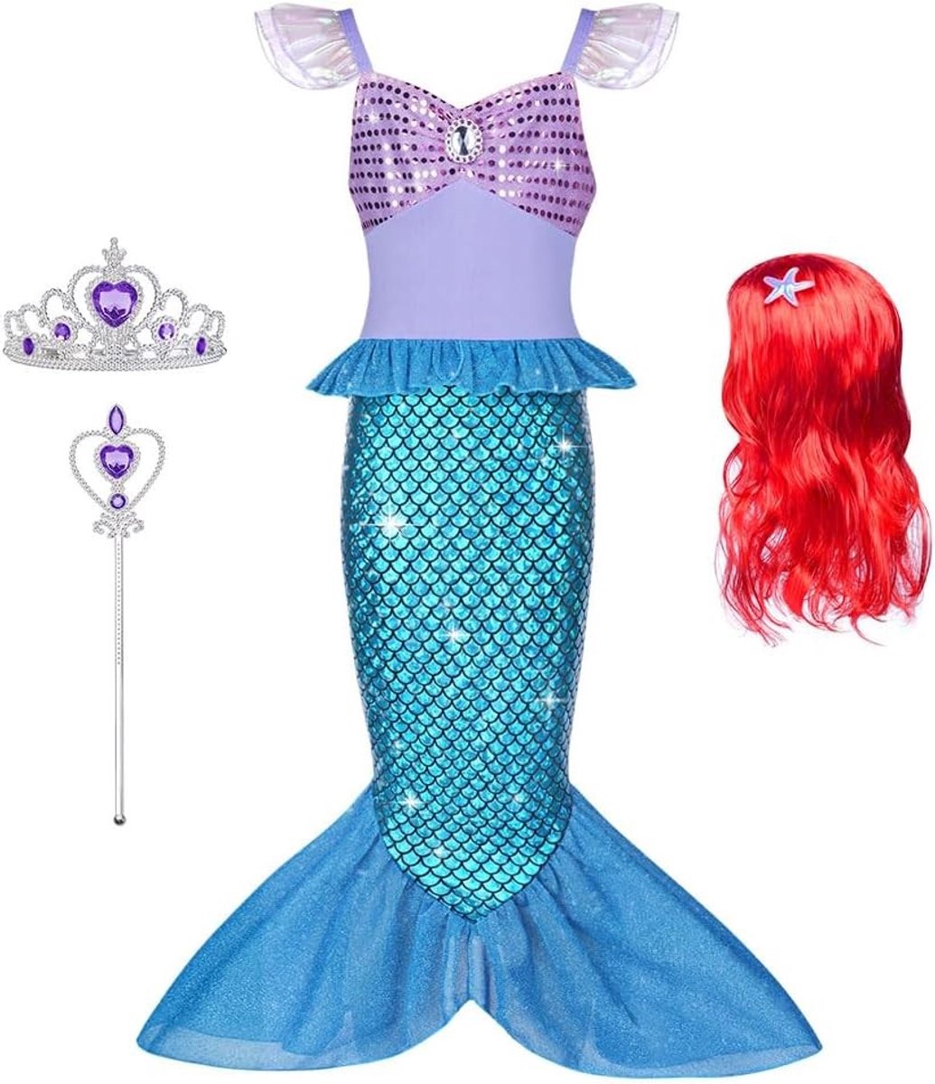 Mermaid Kostuum voor Meisjes, 4-delige Set met Rood Haar, Tiara en Toverstaf, Perfect voor Halloween, Verkleedfeest en Verjaardagen