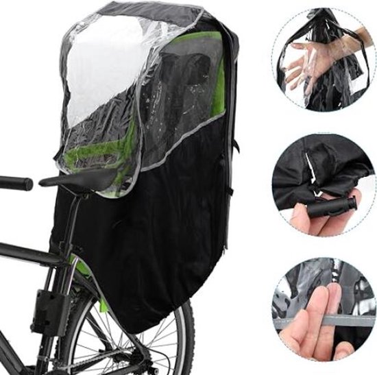Zwarte fietsstoelhoes met doorzichtig venster en ventilatie details.