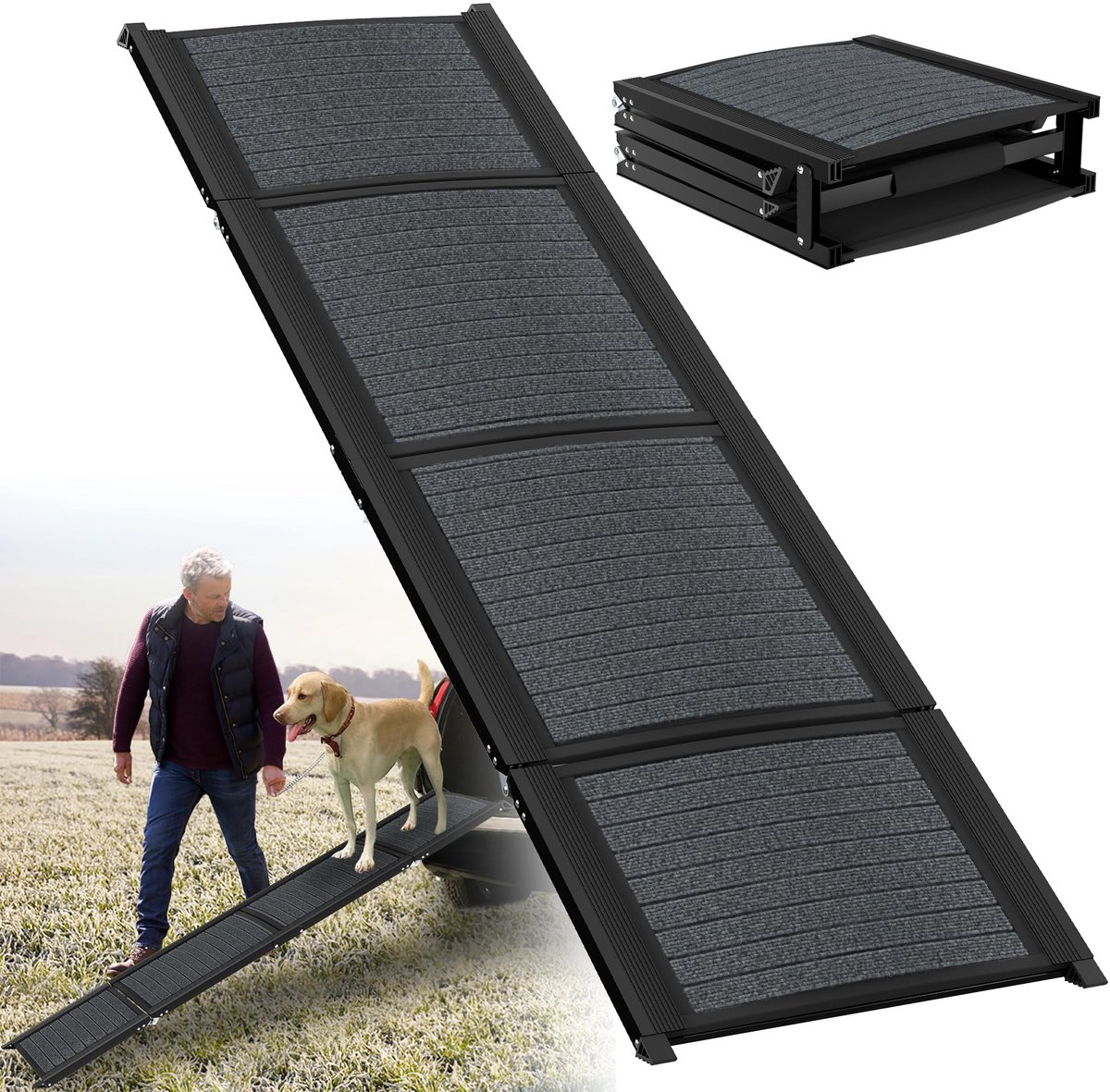 Famanu – Inklapbare hondenhelling van 157 cm, hondentrap voor auto, geschikt voor kofferbakhelling van auto's, vrachtwagens en 's, tot 110 kg, antislip in zwart
