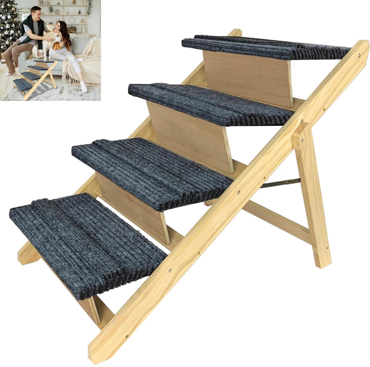 Famanu – Opvouwbare hondentrap van hout, 2-in-1, in hoogte verstelbaar, met antislip voetmat, voor bed en bank, 100 x 47 x 63 cm