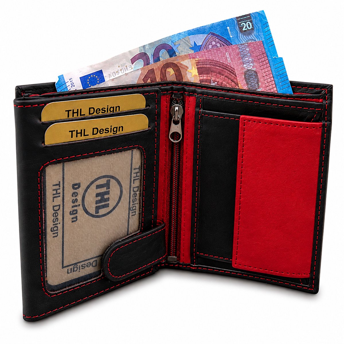 THL Design Leren Portemonnee Heren & Dames – Echt Leer – 12 Pasjes – Billfold – Zwart / Rood