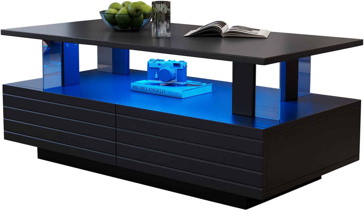 Ropilly LED Salontafel - Woonkamertafel Met Opbergruimte - App Bediening - 2 Lades - 30kg Draagvermogen - Woonkamer - 100x50x42cm - Zwart