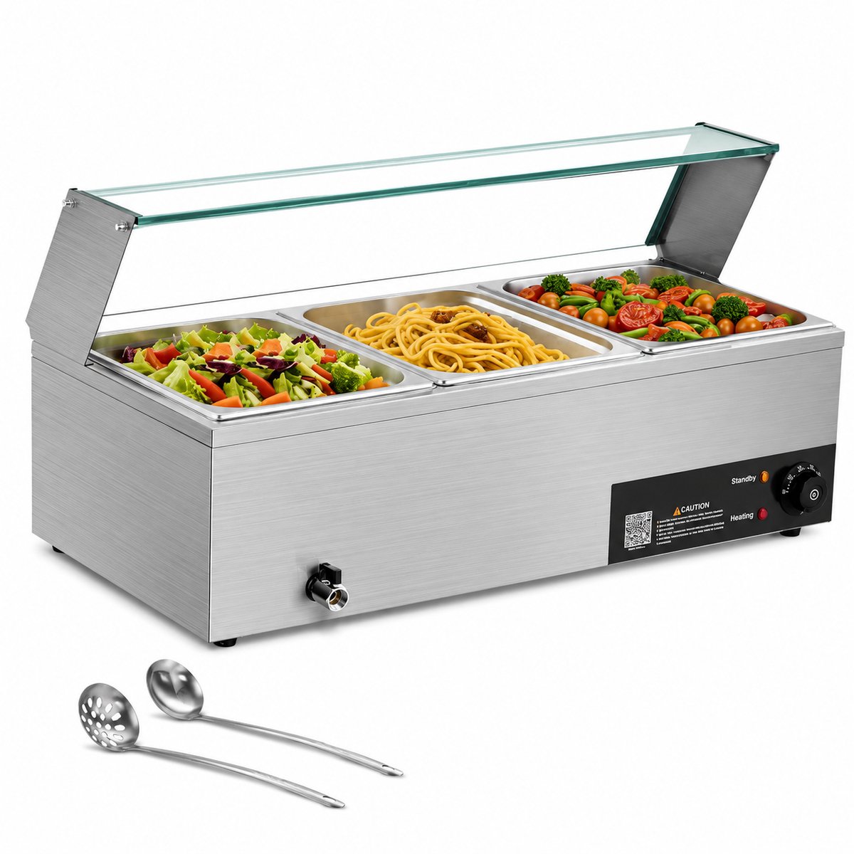 DPLUNIQ Buffetkast - Stomer - Warmhoudbakken - Buffetwarmer - Elektrisch - 3-Pan - Catering - 1500W - 92x36,5x38,5cm - RVS - Grijs