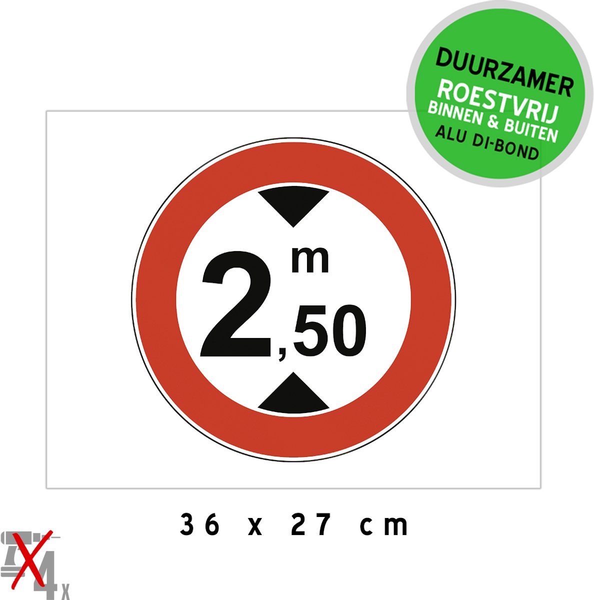 Pictogram/ bord Dibond | Hoogtebeperking 2,50 meter | 36 x 27 cm | Maximale doorrijhoogte | 250 cm | Let op | Inrit ondergrondse garage | Beperkte hoogte | Duurzaam | Parkeerplaats | wit/ rood | 1 stuk