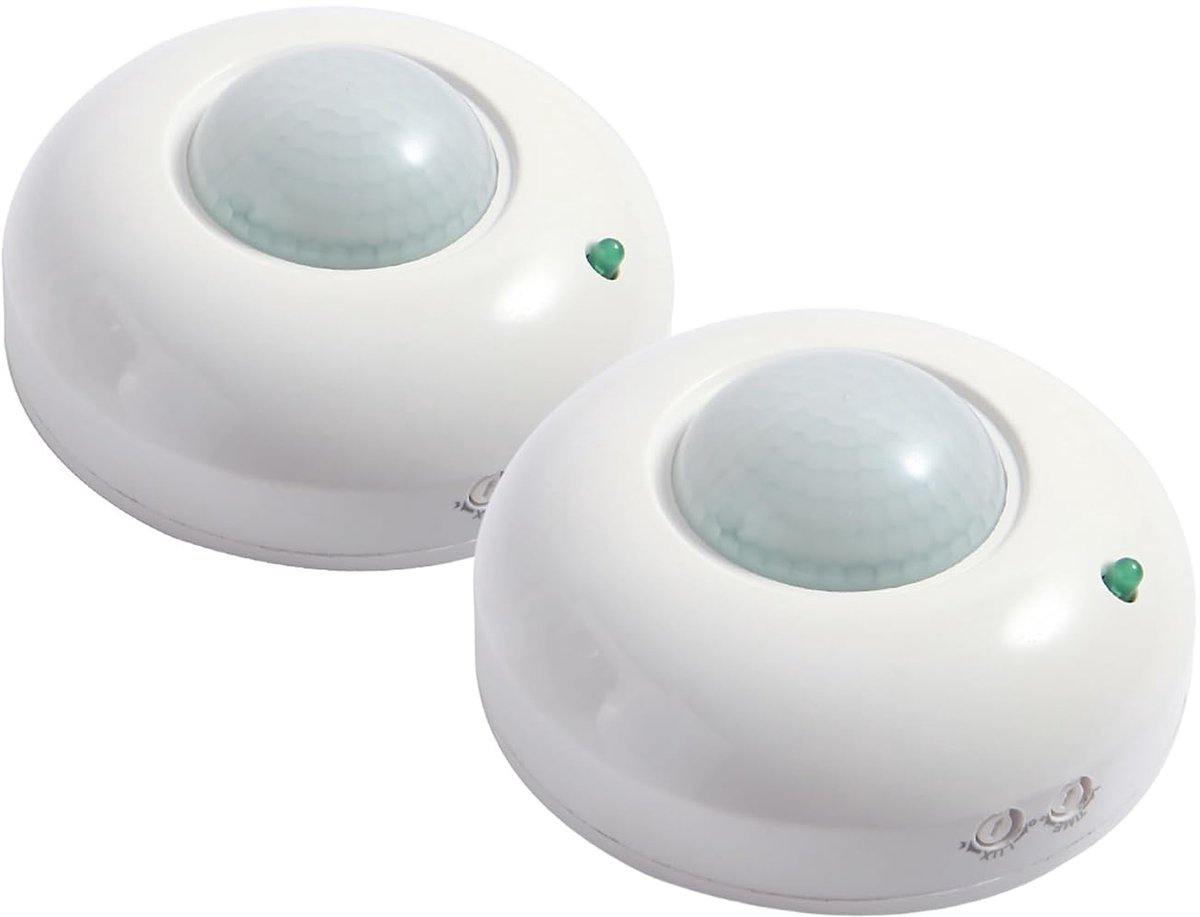 2 stuks PIR‑bewegingsschakelaar voor plafondmontage binnen, 360° detectiehoek, instelbare vertraging en LUX‑waarde, hoge gevoeligheid