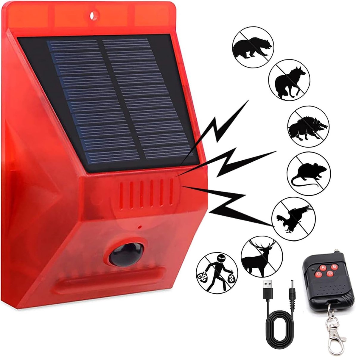 Zonne‑energie Bewegingssensor Alarm Buiten, Bewegingsdetector met geluid, 129dB Beveiligingssirene, IP65 Waterdicht, voor Villa, Kippenhok, Boerderij en Tuin, 1 Stuks
