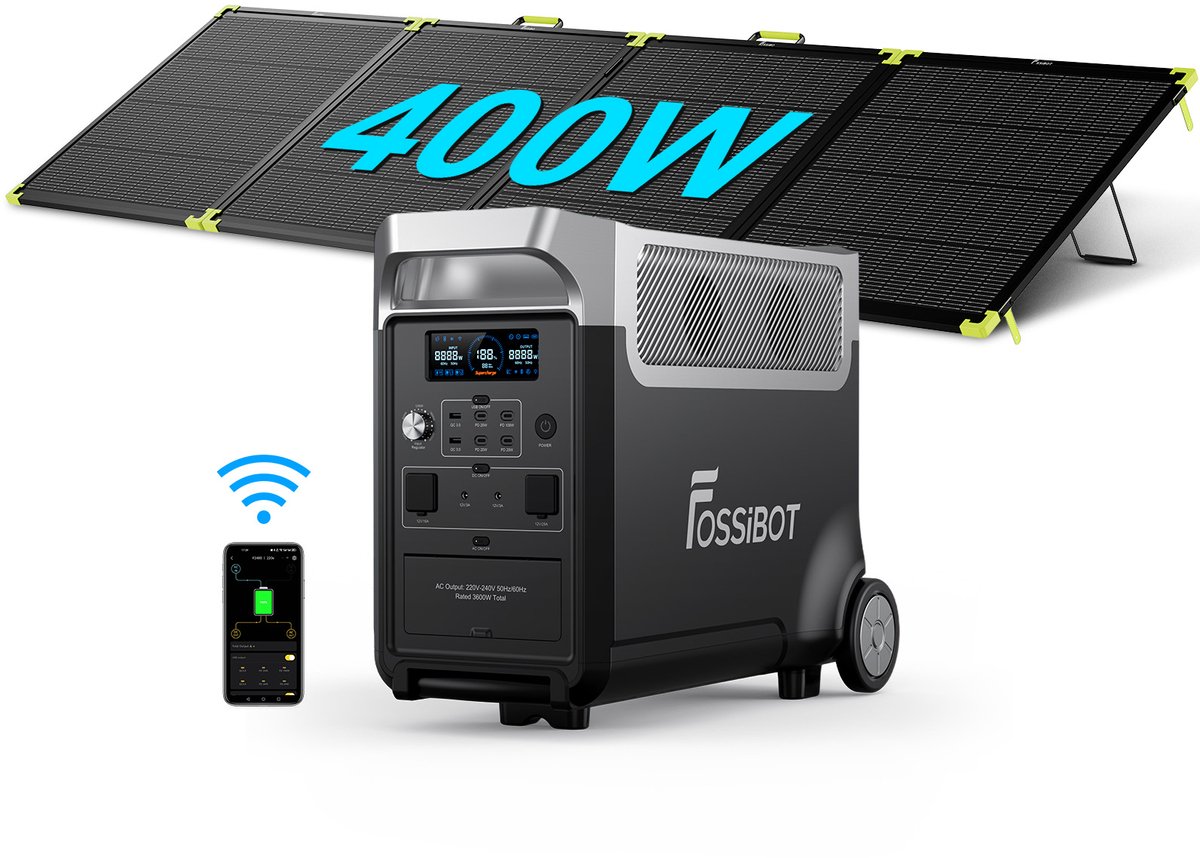 FOSSiBOT F3600 Pro Draagbare Powerstation 3840Wh 3600W LiFePO4, incl. SP400PRO zonnepaneel | Uitbreidbaar ECO-modus UPS <10ms Noodstroom Camper Camping