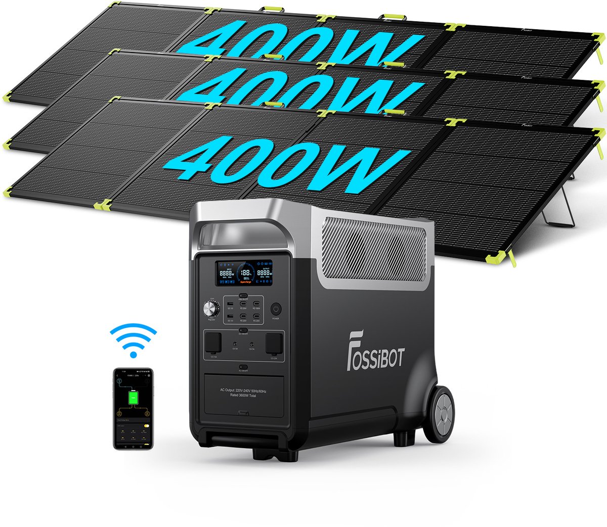 FOSSiBOT F3600 Pro Draagbare Powerstation 3840Wh 3600W LiFePO4, incl. 3x SP400PRO zonnepanelen | Uitbreidbaar ECO-modus UPS <10ms Noodstroom Camper Camping