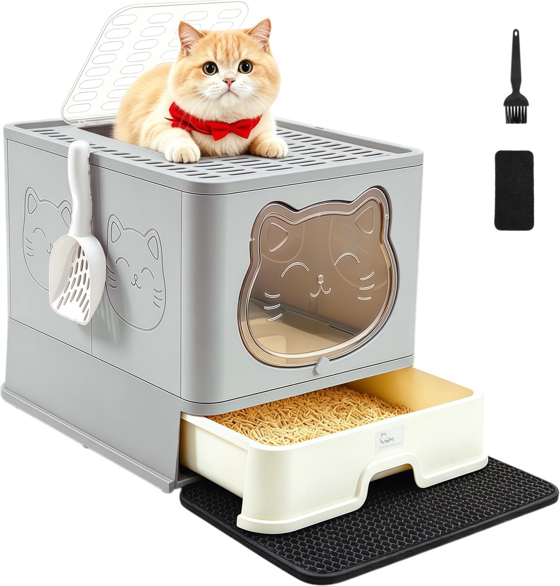 Famanu – Volledig gesloten binnenhuis kattenbak met dak en deksel, geurneutraliserende kattenbak in groot formaat met ladesysteem en opvouwbaar met handige kattengritschep