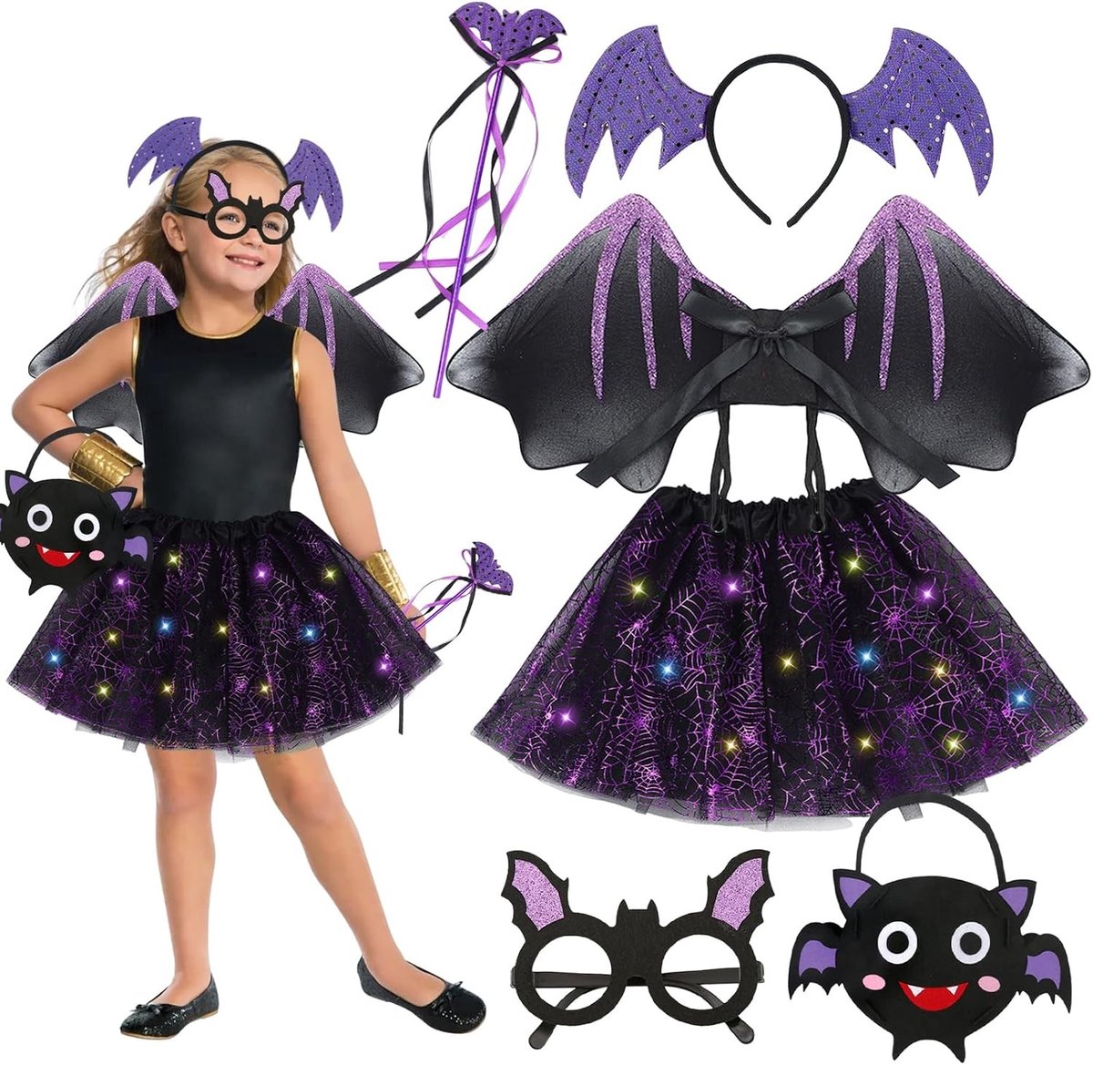 6-delige vleermuis kostuumset voor meisjes met LED tulle rok, vleermuisvleugels en haarband voor Halloween, carnaval en cosplay