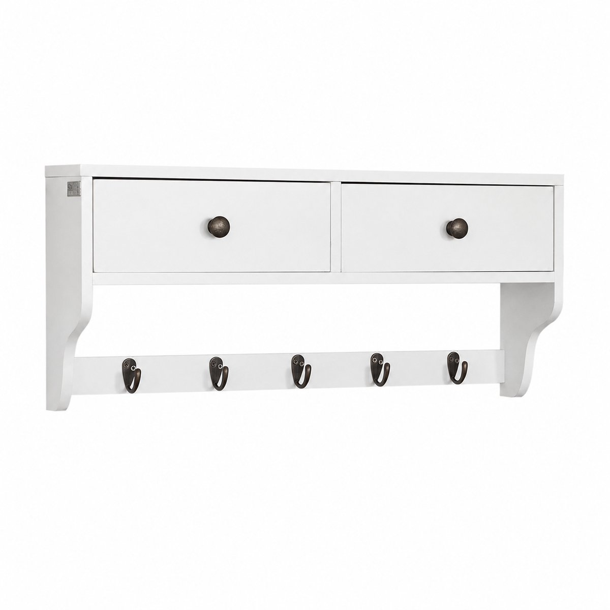 Molhaus Wandkapstok met 2 Laden en 5 Bronzen haken – 60x14x27 cm – Wit MDF – Opbergplank met Opbergruimte voor Hal en Badkamer