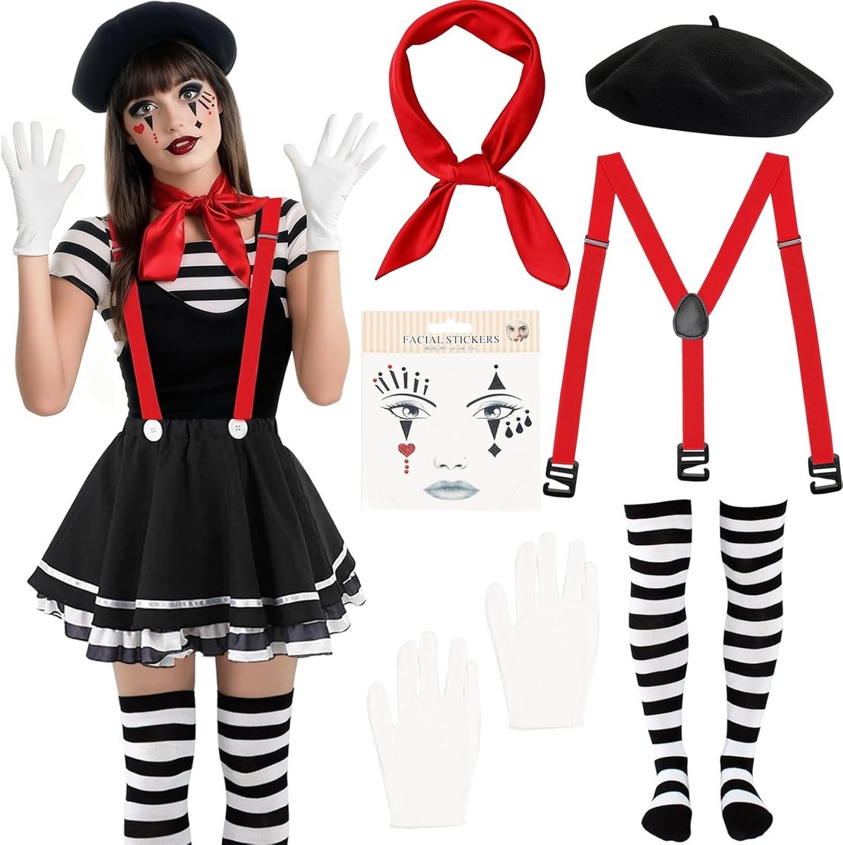 Vrouwelijk circus kostuum met accessoires voor carnaval, Halloween en cosplay - inclusief beret, sjaal, handschoenen en sokken